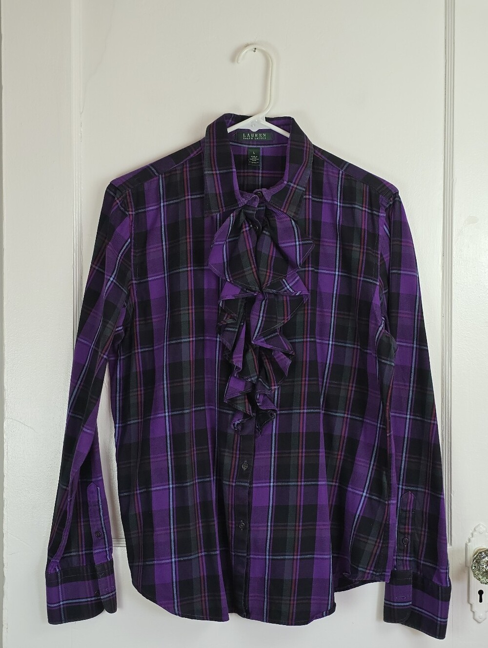 Ralph Lauren Purple Plaid Ruffle Front Blouse Like New L